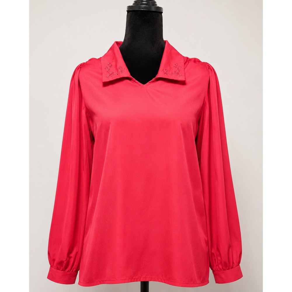 Fashion Lady Blouse Women 40 Red Good Vintage Embroidered Collar Long Sleeve